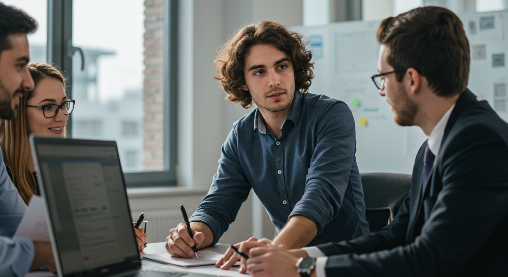Computerized accounting specialist meeting with his team.