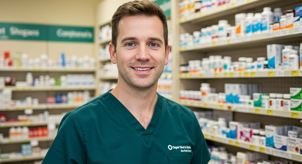 Male pharmacy technician working in a pharmaceutical setting.